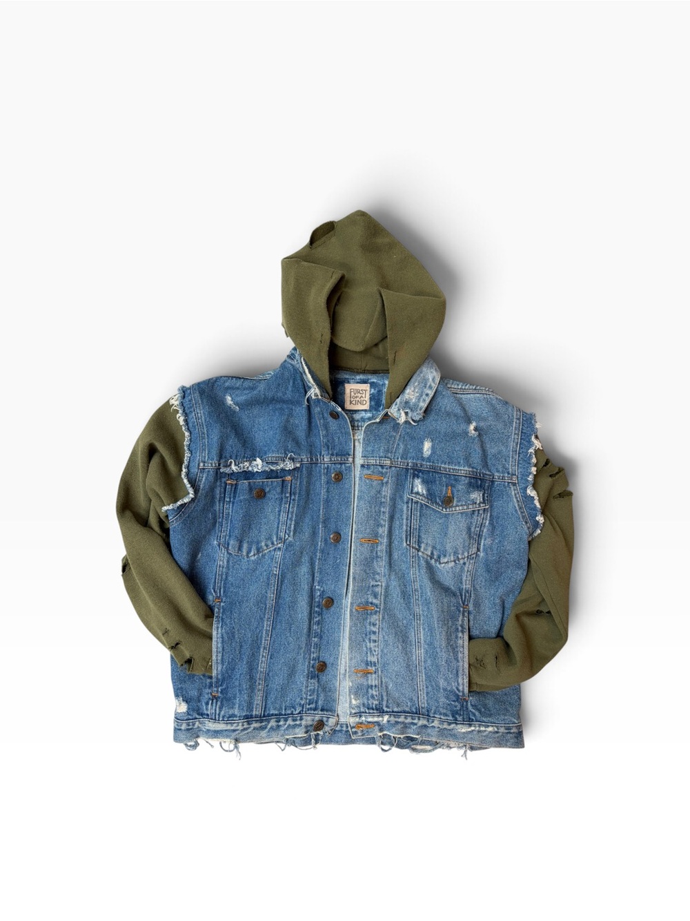 Custom FURST OF A KIND Denim & Olive Green Distressed Jacket